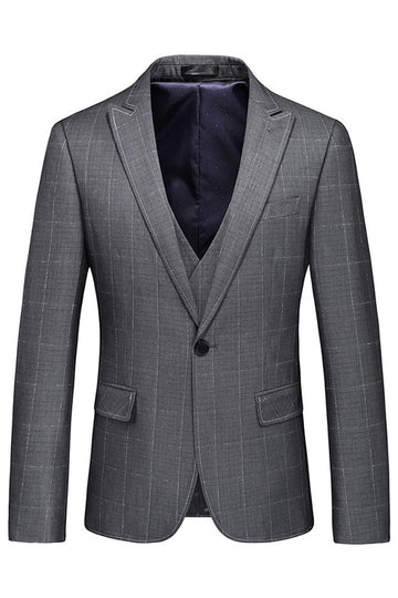 Men's Grey Plaid Peak Lapel 3 Pieces Formal Suits